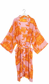 One Hundred Stars Ancient Columns Orange Crepe Long Kimono