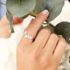 Lisa Angel - Adjustable Sterling Silver Crystal Fern Leaf Ring