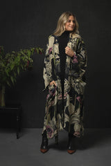 One Hundred Stars Iris Black Crepe Long Kimono