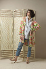 One Hundred Stars Deco Fan Pink Collar Kimono