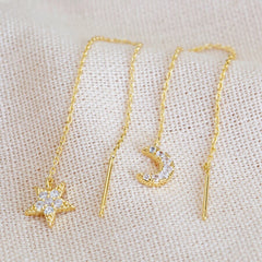 Lisa Angel Thread Through Moon and Star Chain Earrings in Gold