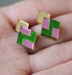 Esoteric London Acrylic Geometric Earrings - Pink/ Gold/ Green