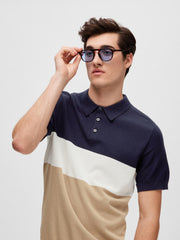 Selected Homme Mattis Knit Block Polo - Sky Captain/Incense