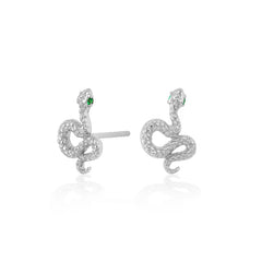 Scream Pretty Snake Stud Earrings With Green Eyes - Silver