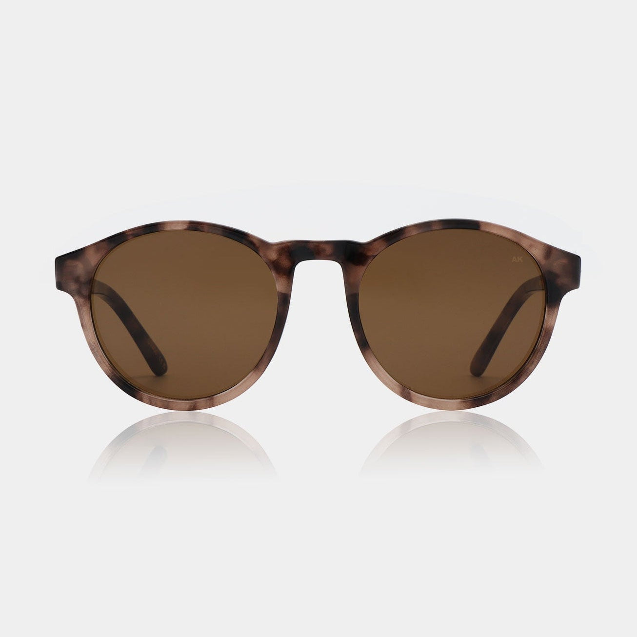 Sunglasses with tortoiseshell frame and brown lenses on a white background