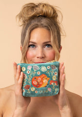 Powder Design - Velvet Embroidered Mini Pouch Folk Art Hedgehog Aqua