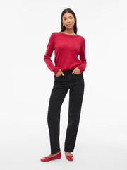 Vila Round Neck Knitted Pullover - Jester Red/ Dark Melan