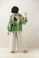 One Hundred Stars Pea Green Stork Short Kimono