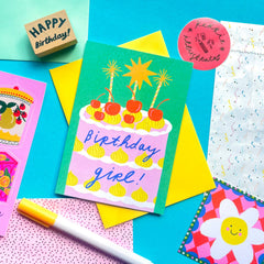 Kerrie Illustrates Birthday Girl Cake Birthday Card