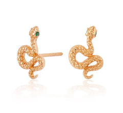 Scream Pretty Snake Stud Earrings With Green Eyes - Gold