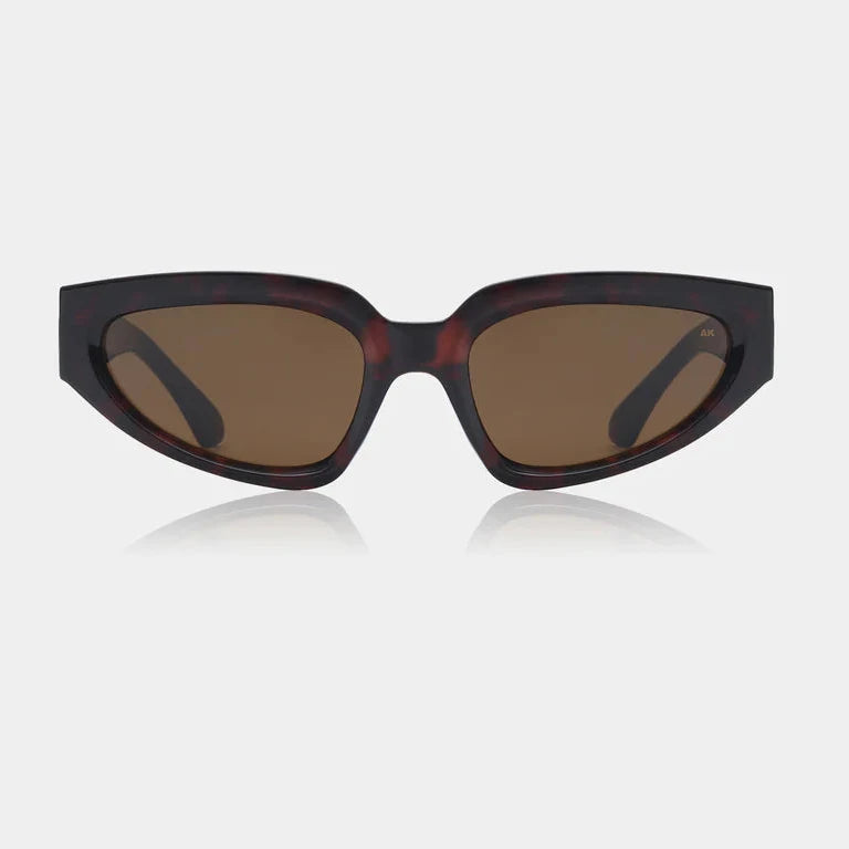 Sunglasses with a tortoiseshell frame and brown lenses on a white background