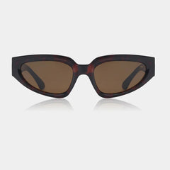 Sunglasses with a tortoiseshell frame and brown lenses on a white background