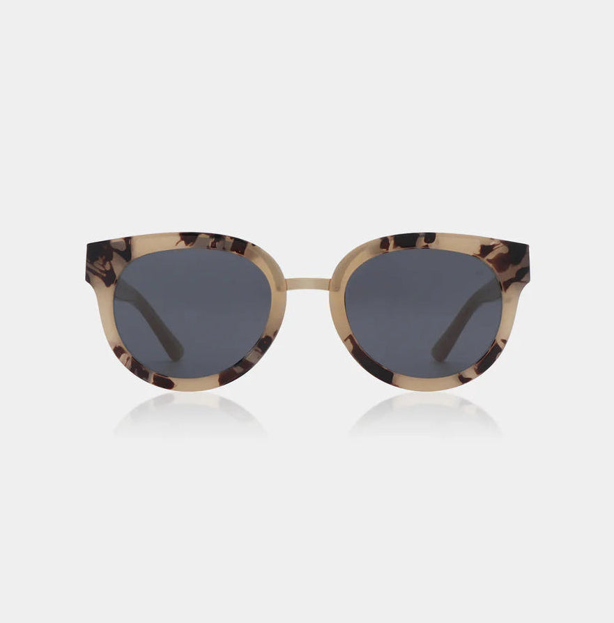 Sunglasses with tortoiseshell frame and dark lenses on a white background