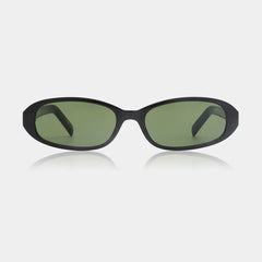 Black sunglasses with green lenses on a white background