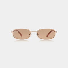 Sunglasses with a gold frame and brown lenses on a white background