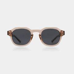 Sunglasses with a beige frame and dark lenses on a white background