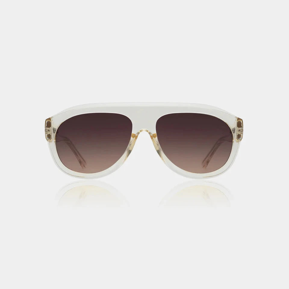 Sunglasses with a white frame and brown lenses on a white background