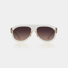 Sunglasses with a white frame and brown lenses on a white background