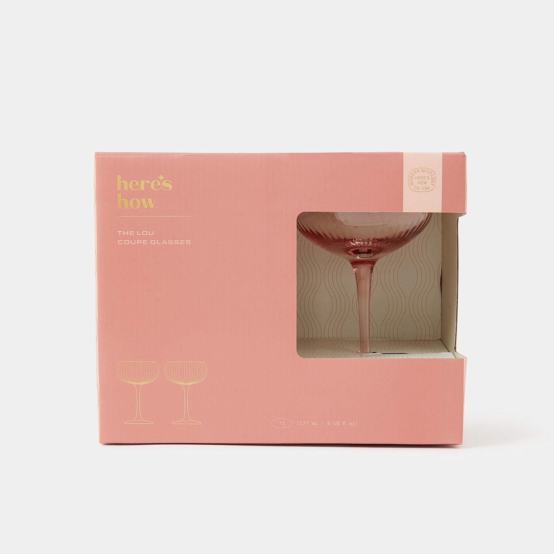 Pink wine glass in a box with 'berk's bow' branding on a white background