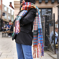 Lisa Angel Mustard and Blue Colourful Check Winter Scarf