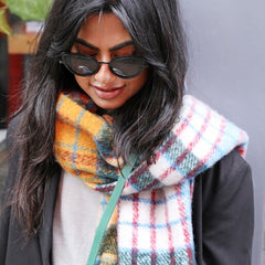 Lisa Angel Mustard and Blue Colourful Check Winter Scarf