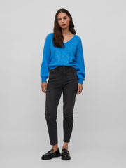 Vila Jamina V-Neck Knit Top - French Blue/Melange