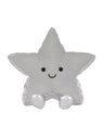 A silver star-shaped plush toy with a simple embroidered smiley face, sitting against a plain white background.