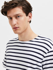 Selected Homme - Briac Stripe O-Neck Tee ~ Bright White/ Navy Blaze