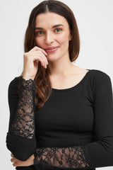 Fransa Hizamond Long Sleeve Tee With Lace Cuff Detail - Black