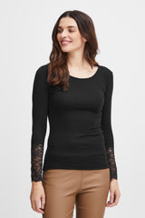 Fransa Hizamond Long Sleeve Tee With Lace Cuff Detail - Black