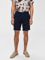 Straight Fit Linen Shorts - Navy