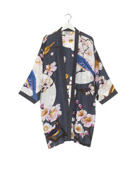 One Hundred Stars Bird and Blossom Collar Kimono Charcoal 