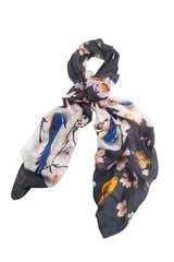 One Hundred Stars Blossom and Birds Charcoal Scarf