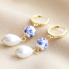 Lisa Angel - Blue Willow And Pearl Drop Huggie Earrings- Gold