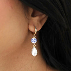 Lisa Angel - Blue Willow And Pearl Drop Huggie Earrings- Gold