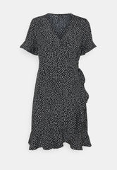Vero Moda Henna Wrap Frill Dress - Black With White Tiny Dots