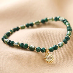 Lisa Angel - Green Semi-Precious Beaded Bracelet with Sun Charm in Gold