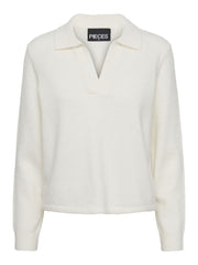 Pieces Flavia Long Sleeve Polo Wool Knit - Cloud Dancer