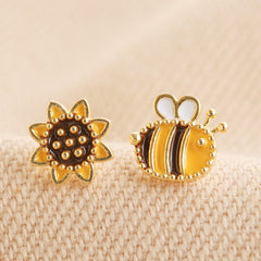 Lisa Angel - Mismatched Enamel Bee and Sunflower Stud Earrings in Gold