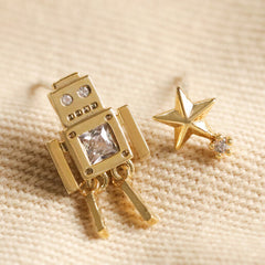 Lisa Angel - Gold Mismatched Robot Drop Star Stud Earrings