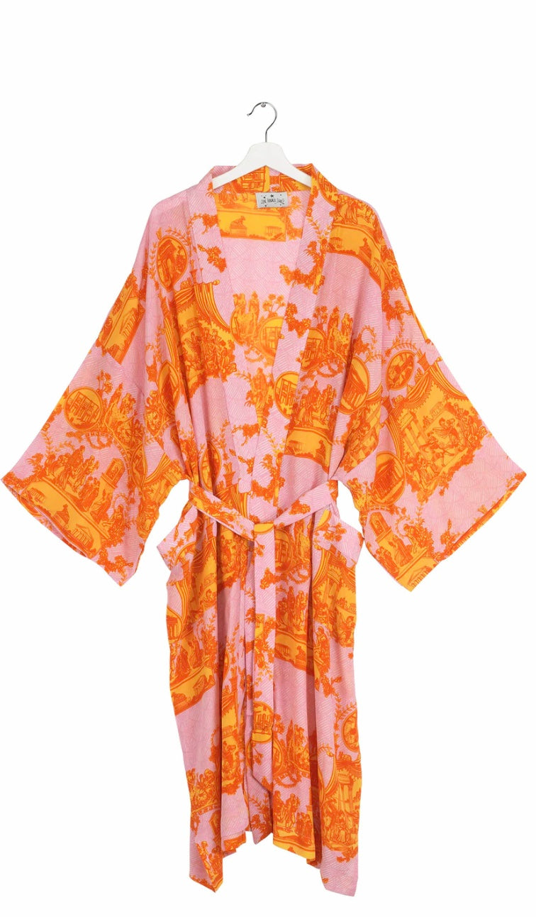 One Hundred Stars Ancient Columns Orange Crepe Long Kimono – Bunka