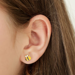 Lisa Angel - Mismatched Enamel Bee and Sunflower Stud Earrings in Gold