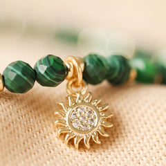 Lisa Angel - Green Semi-Precious Beaded Bracelet with Sun Charm in Gold