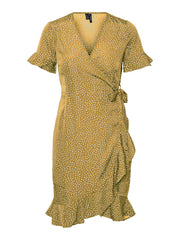 Vero Moda Henna Wrap Frill Dress - Harvest Gold / White Dots