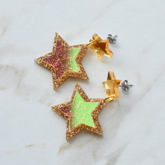 Esoteric London Acrylic Iridescent Glitter Falling Stars Earrings - Gold