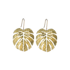 Just Trade Hammered Brass Tropical Leaf Earrings - Large