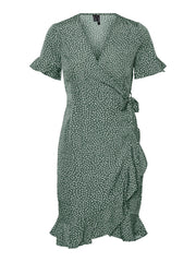 Vero Moda Henna Wrap Frill Dress - Laurel Wreath/Tiny White Dots