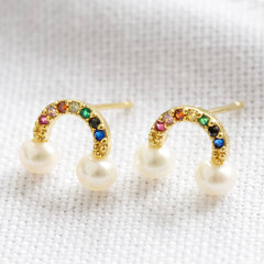 Lisa Angel Earring - Gold Pearl and Crystal Rainbow